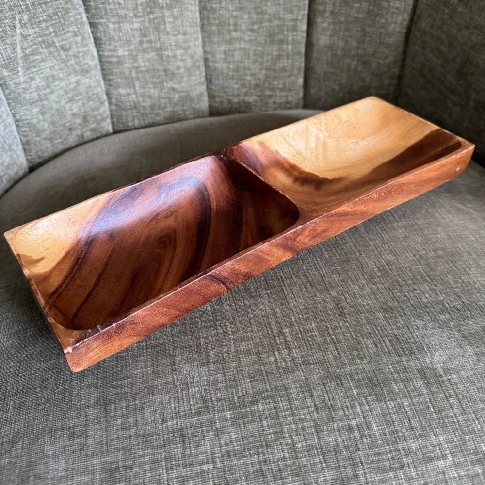 Vintage Acacia Wood‎ Divided Serving Dish Tray MCM Brown 14in Catchall